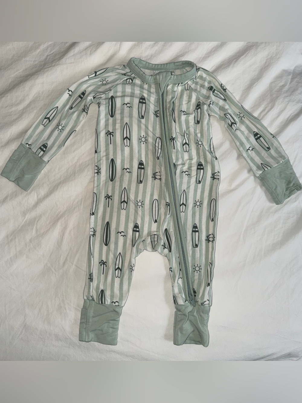 Bamboo Convertible Footie Onesie in Light Sage Surf Stripe - size NB